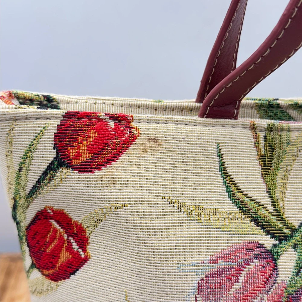 Signare Tapestry Tote Bag Red Tulip Floral Woven Handbag Burgundy Handles